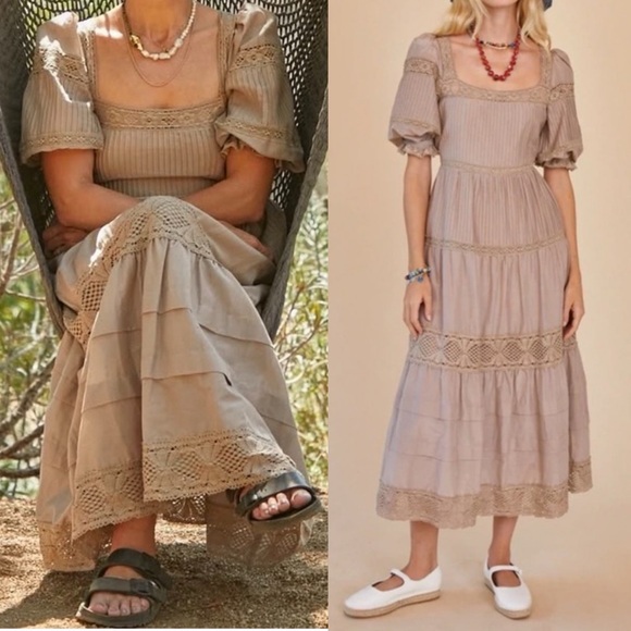 HUNTER BELL Dresses & Skirts - Hunter Bell Evelyn Dress Clay Silk Cotton Midi Square Neck Puff Sleeve Taupe 8